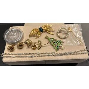 Mixed Lot Of Costume Jewelry Necklace Brooch Earrings Silver Tone Gold